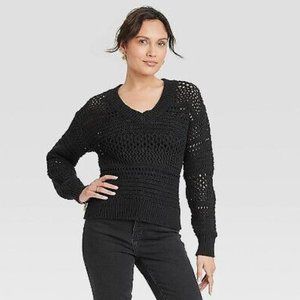Universal Thread Black V-neck Openwork Sweater